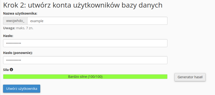 tworzenie uzytkownika bazy przez kreator