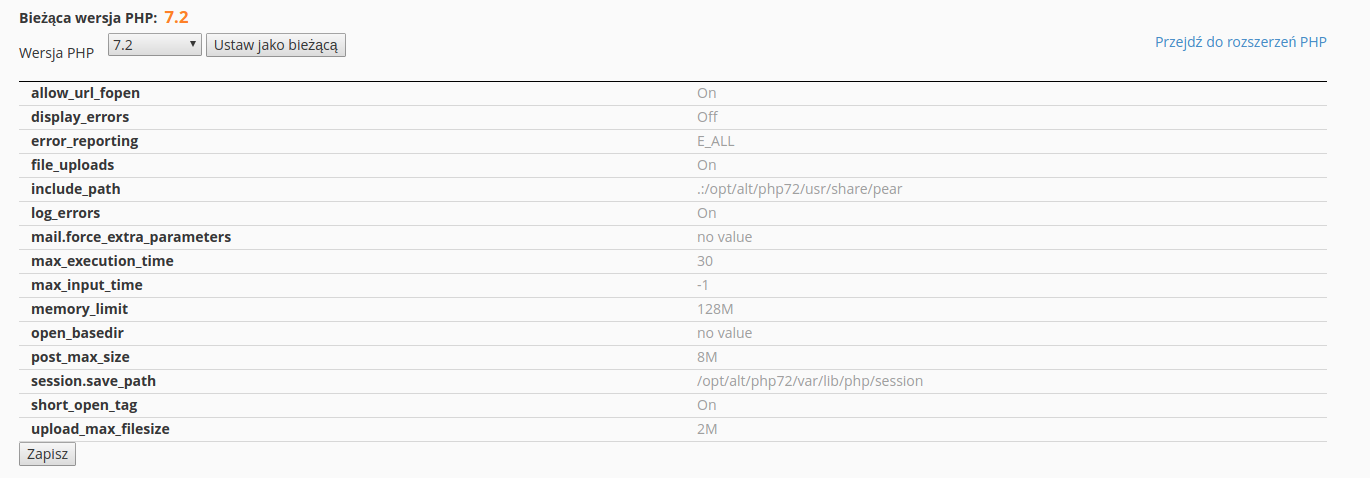 opcje konfiguracyjne php